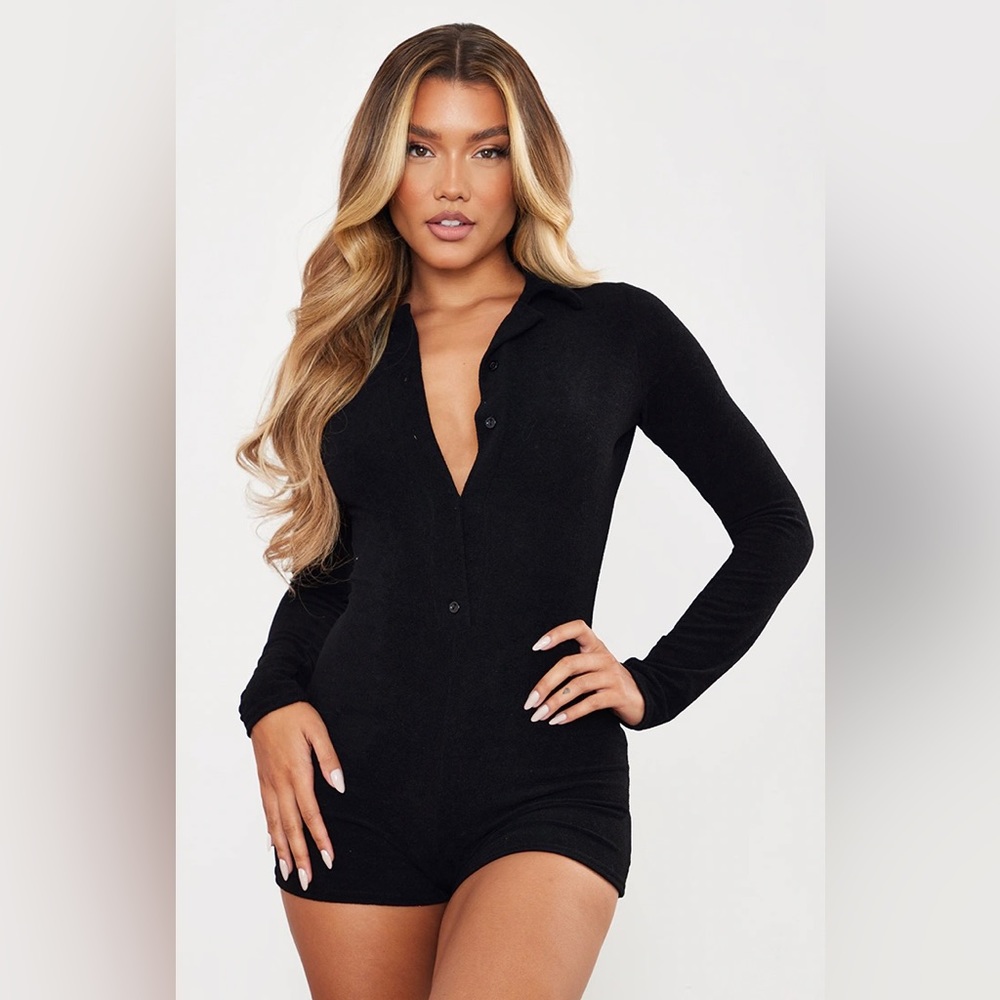 PLT- Black Towelling Button Down Long Sleeve Romper